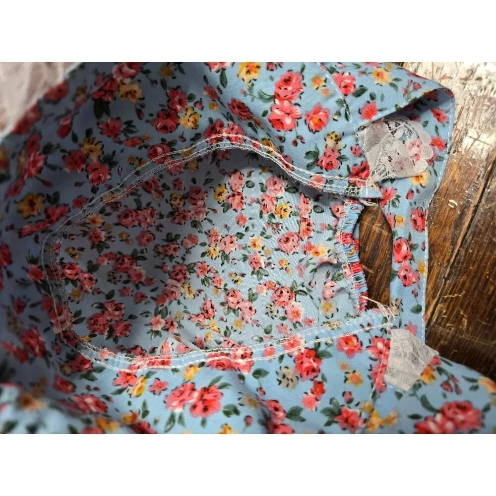 Vintage Blue Floral Lace Trim Baby Bonnet Heirloom Spring